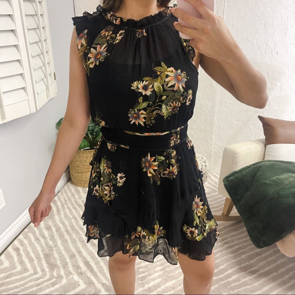 All Saints Caylan Avifauna Dress Black Floral Short Sheer Ruffle Collar Logo - Picture 2 of 14
